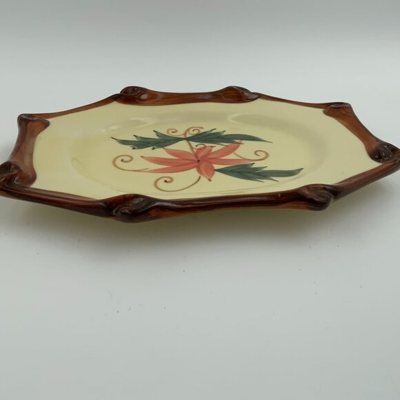 Vintage Rectangular Asian Pink Flower Brown Rim Serving Plate Stamped Wealth - Picture 3 of 7